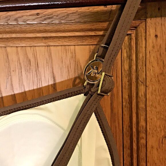 Michael Kors Tank Top Women's M Cami Shelf Bra Gold MK Logo Straps Blue Brown - Picture 8 of 10